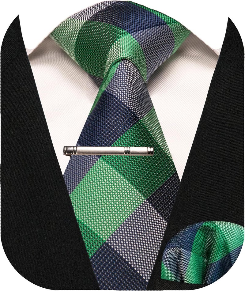 RBOCOTT Silk Stripe Plaid Tie and Pocket Square with Tie Clip Sets for Men - Image 3